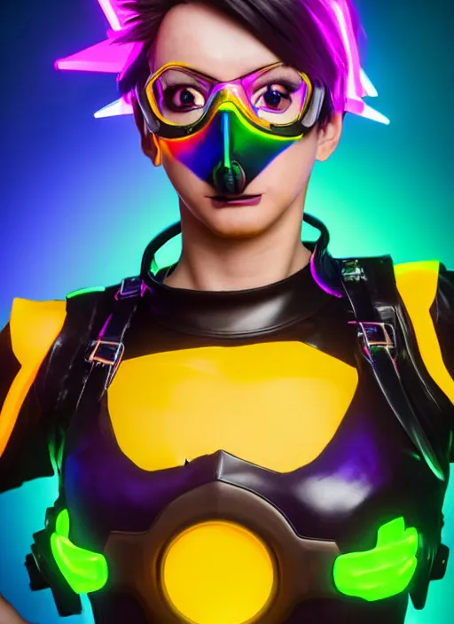 Image similar to full body overwatch style oil painting portrait of tracer overwatch, confident pose, full body, full body, wearing black jagged iridescent rainbow latex armor, rainbow, neon, 4 k, expressive surprised expression, makeup, wearing large rainbow neon choker, studio lighting, acid, trippy, black leather harness, expressive detailed face and eyes,