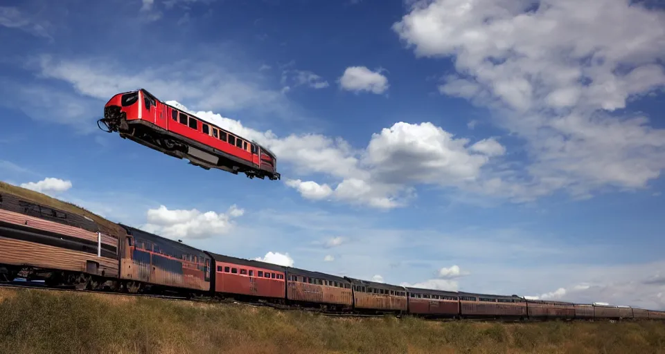 Prompt: a train flying on the sky