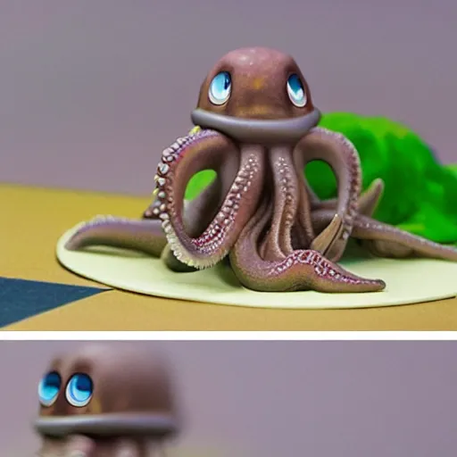 Image similar to miniature 3 d set of a friendly, cute octopus in a small village, with shallow depth of field, by studio ghibli