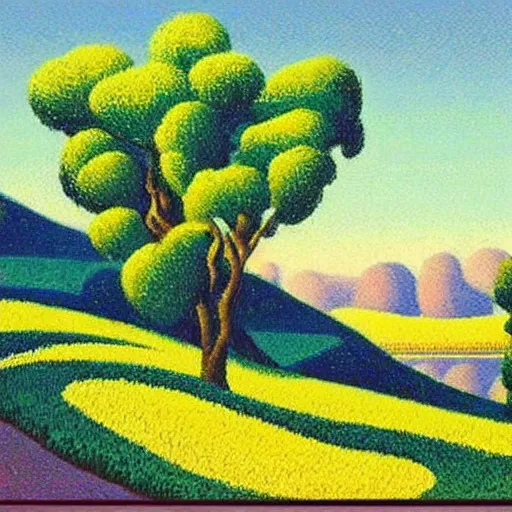 Prompt: by lorser feitelson pointillism. a illustration of a landscape. it is a stylized & colorful view of an idyllic, dreamlike world with rolling hills, peaceful animals, & a flowing river. the scene looks like it could be from another planet, or perhaps a fairy tale.