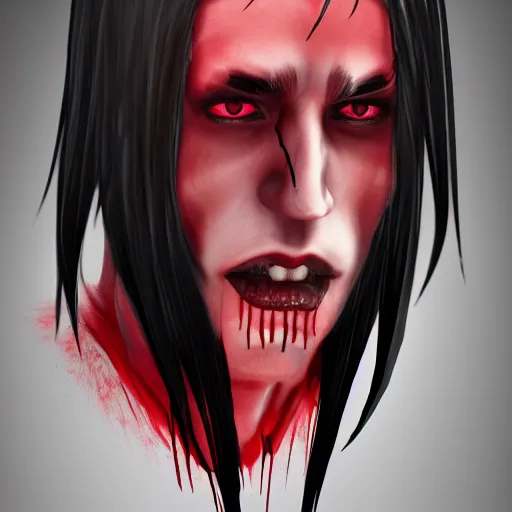 Prompt: a vampire, male, mid - 3 0 s aged, long, slicked black hair, clean shaven, in red and black, regal, high fantasy, realistic, highly detailed, concept art, 8 k.