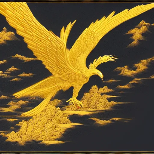 Prompt: A superbly detailed golden phoenix spreading its wings in the air，fantasy matte painting,by Hashimoto Gaho and Katsushika Hokusai ,Trending on artstation and unreal engine:5,super wide angle,light effect,more details,8k HDR,colorful,-H 1280-W768
