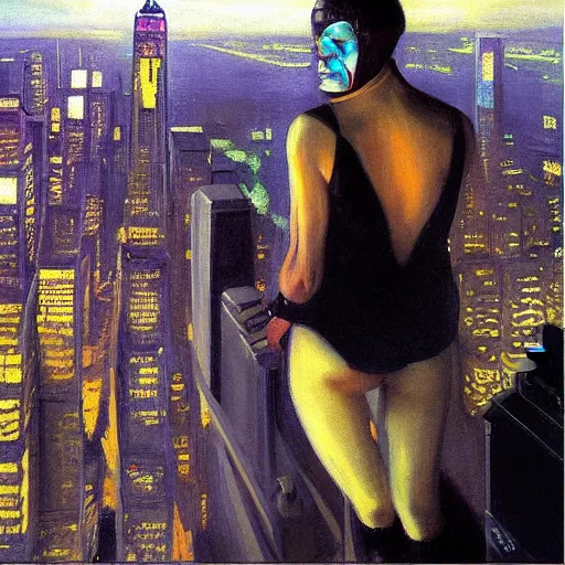 Prompt: “ a girl! looking down at a futuristic new york city below in the year 3 6 6 6, cyberpunk, detailed face, oil painting, by george bellows ”