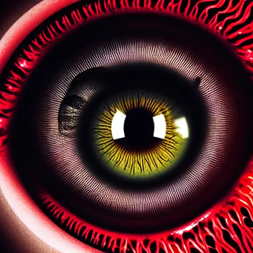 Image similar to a detailed extremely close up of inside the iris, cornea, red image, microscopic, extremely close up drawing by junji ito, cgsociety, generative art, lovecraftian, parallax, cosmic horror, extremely detailed, hyperrealism, unreal engine, octane render, award winning, masterpiece, highly detailed, realistic, 4 k, digital