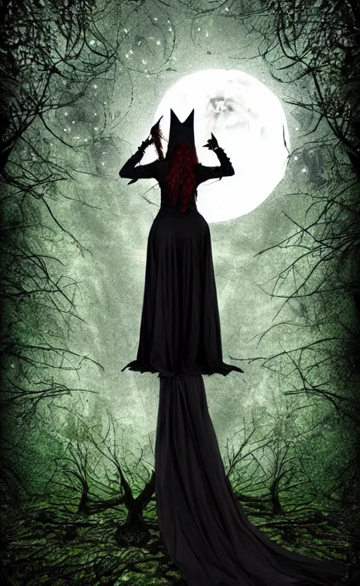 Image similar to witch standing pose in an enchanted forest wearing high heels under a full moon, fantasy gothic art style