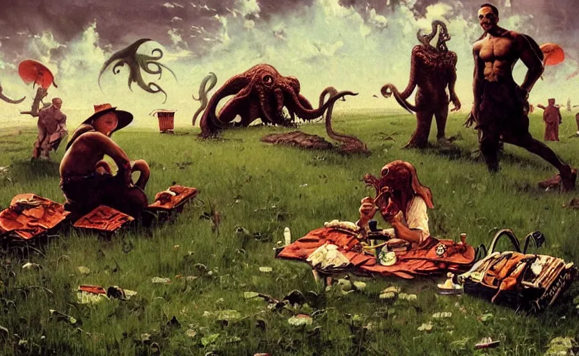 Prompt: cthulhu devouring a meadow by people having picnic. lovecraftian horror. highly detailed science fiction painting by norman rockwell, frank frazetta, and syd mead. rich colors, high contrast, gloomy atmosphere, dark background. trending on artstation