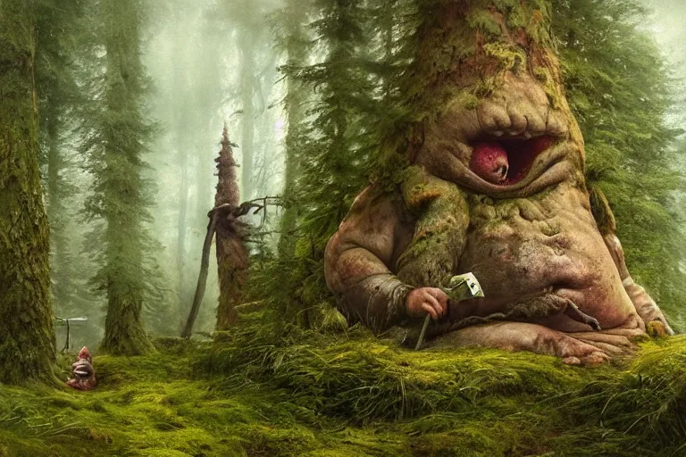 Image similar to huge troll in a swedish forest, very low angle photograph, very detailed, trending on artstation, realistic, soft colors, illustration by john bauer, simon stålenhag