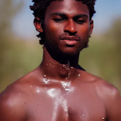 Image similar to photo portrait of a chocolate prince melting in the desert sun, 2 0 0 mm lens, shot on grainy film, photography, hyperrealism, bokeh