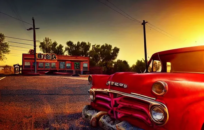 Image similar to a sunset light landscape with historical route 6 6, lots of sparkling details and sun ray ’ s, blinding backlight, smoke, volumetric lighting, colorful, octane, 3 5 mm, abandoned gas station, old rusty pickup - truck, beautiful epic colored reflections, very colorful heavenly, softlight