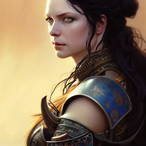 Image similar to Portrait of female warrior, D&D, blue eyes, face, long black hair, fantasy, intricate, elegant, highly detailed, digital painting, artstation, concept art, smooth, sharp focus, illustration, art by artgerm and greg rutkowski and alphonse mucha