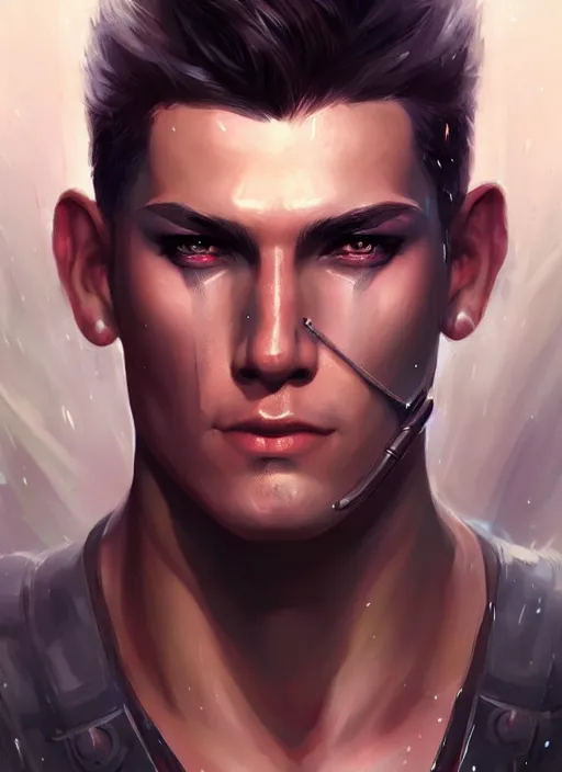 Image similar to « a portrait of a muscular cyberpunk male warrior, a digital painting by charlie bowater, featured on cgsociety, fantasy art, behance hd, wiccan, artstation hd »