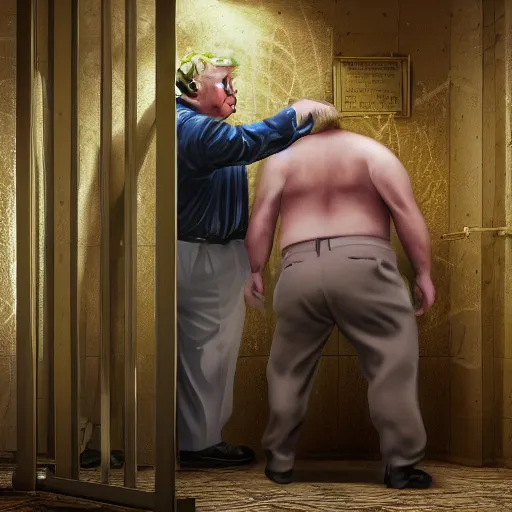 Image similar to trump crying as a large man dances on him from behind in a prison cell, intricate detail, finely detailed, small details, extra detail, photorealistic, high resolution, vray, hdr, hyper detailed, insane details, intricate, elite, ornate, elegant, luxury, dramatic lighting, octane render, weta digital, micro details, 3 d sculpture