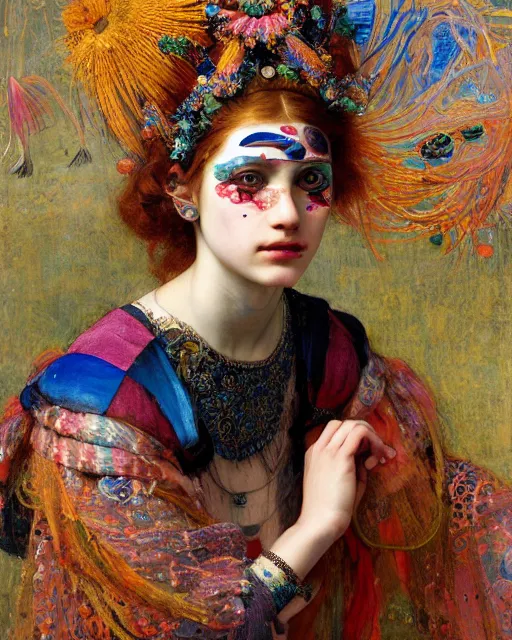 Image similar to a beautiful girl wearing colourful face paint surrounded by bright intricate patterns, by edgar maxence and caravaggio and michael whelan, intricate painting, hyper realistic, extremely detailed and beautiful aesthetic face, 8 k resolution