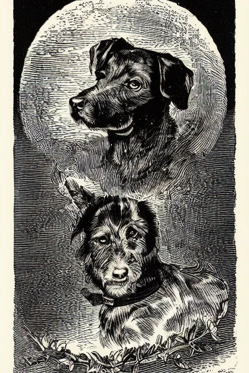 Prompt: 19th century wood-engraving of a dog called Iggy, whole page illustration from Jules Verne book titled Stardust Crusaders, art by Édouard Riou Jules Férat and Henri de Montaut, frontal portrait, high quality, beautiful, highly detailed, removed watermarks