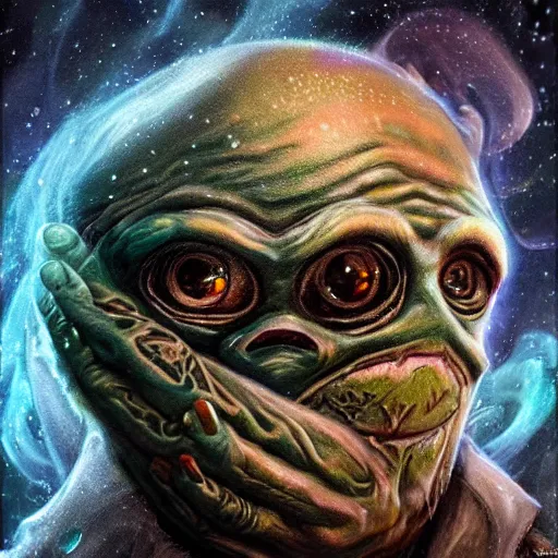 Image similar to 3d render of highly detailed hyper-detailed beautiful mystic portrait of a phantom undead pepe with whirling galaxy around, tattoos by Anton Pieck, intricate, extremely detailed, digital painting, artstation, concept art, smooth, sharp focus, illustration, intimidating lighting, incredible art,