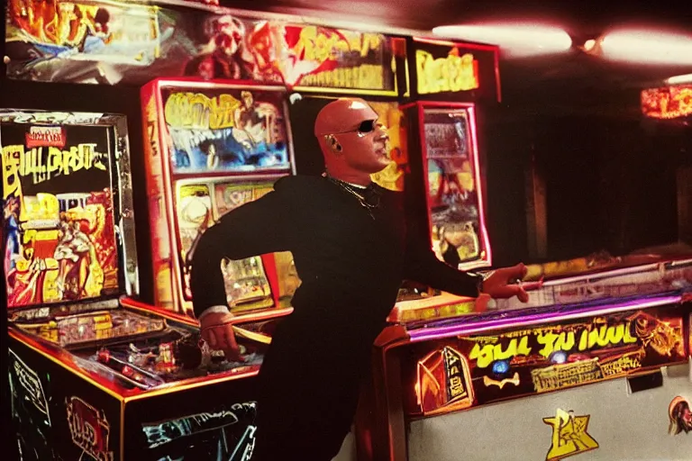 Prompt: pitbull playing a pitbull themed pinball machine in 1 9 8 5, y 2 k cybercore, industrial low - light photography, still from a kiyoshi kurosawa movie