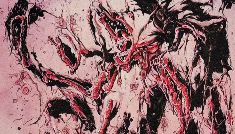 Image similar to a disgusting and vile monster eating a person, neon genesis evangelion inspired, The Thing, Horror necro-morph by Cronenberg and greg nicotero special effects