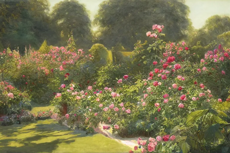 Prompt: rose garden in the morning sun, award winning by henrietta rae and raphael and moebius