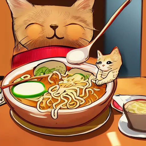 Image similar to fat cat eating ramen noodles on toast, japanese art artstation trending