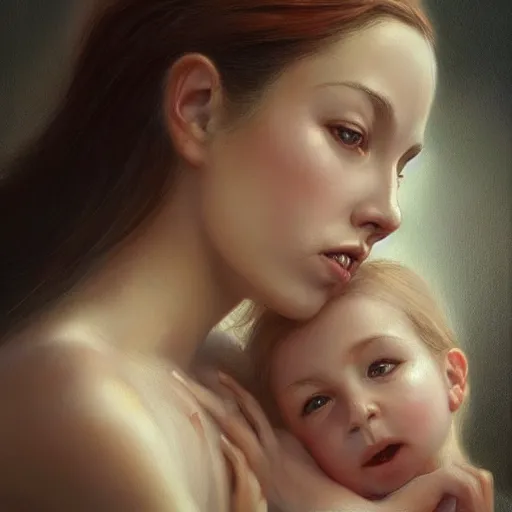 Image similar to pure love is patient love is kind, mother and child ; photorealistic oil painting by charlie bowater and mark brooks ; highly detailed cute faces by wlop ; trending on artstation ; 8 k high resolution, symmetrical, cinematic, high coherence, golden ratio, rule of thirds, perfectly centered anatomically accurate portraits