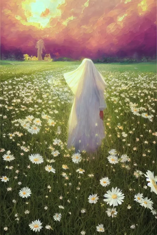 Image similar to giant white daisy flower veil, girl walking in a flower field, surreal photography, sunrise, dramatic light, impressionist painting, colorful clouds, digital painting, artstation, simon stalenhag