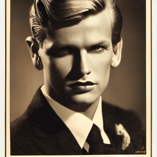 Prompt: a close - up portrait of a blonde male! actor from the 1 9 3 0 s. high cheekbones. good bone structure. dressed in 1 9 4 0 s style. butterfly lightning. key light sculpting the cheekbones. by george hurrell.