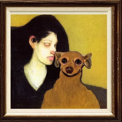 Prompt: a woman and her black and brown chihuahua by odilon redon