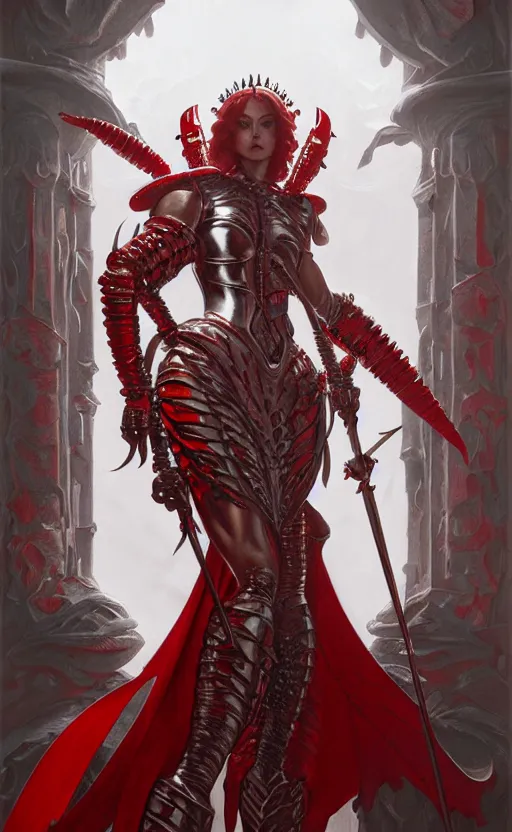 Prompt: Gothic crustacean muscular warrior queen in red and white chitin armor of thick steel plates, fantasy, highly detailed, digital painting, artstation, concept art, smooth, sharp focus, illustration, art by artgerm and greg rutkowski and alphonse mucha