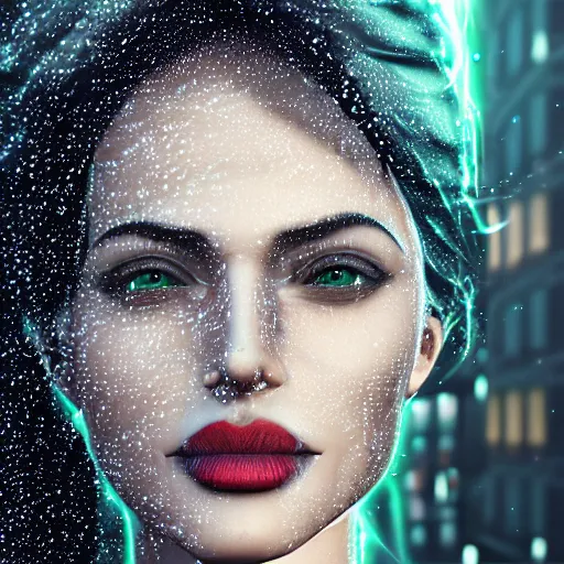 Image similar to stylish woman cartoon portrait made out of rain, pinstripe suit, metal crown, cyberpunk background, rendered in octane, unreal engine, highly detailed, trending on artstation, realistic, neon, beautiful