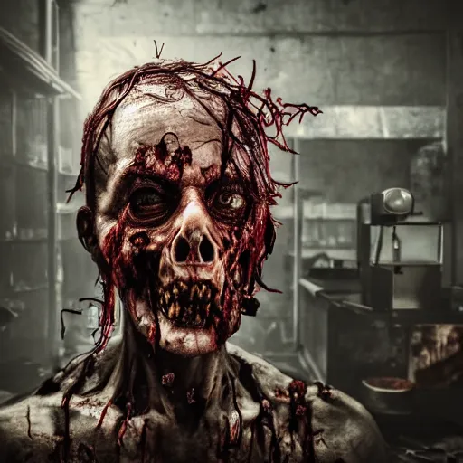 Image similar to butcher angry rotting zombie, detailled beautiful portrait, dilapidated butchery interior, feeling of grimdark horror, daytime, high contrast, ultra intricate detailed, octane render, unreal engine