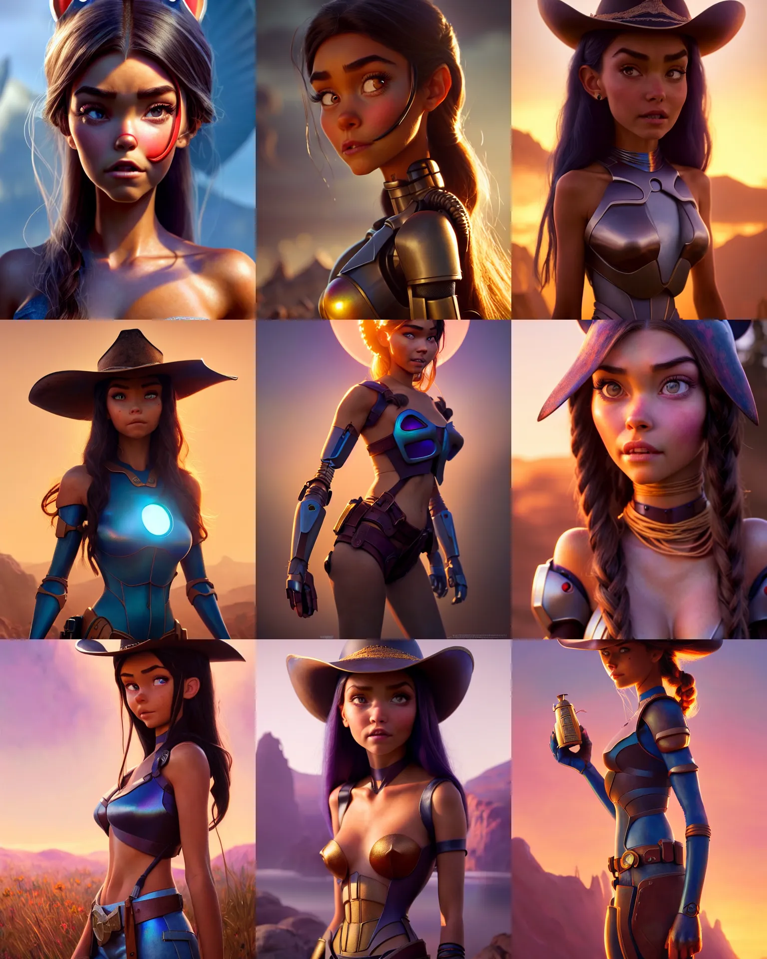 Prompt: weta disney movie still portrait photo of madison beer : : as sunburnt tatoo cowgirl android woman by pixar : : by weta, greg rutkowski, wlop, ilya kuvshinov, rossdraws, artgerm, marvel, maxim cover, octane render, sweaty, iridescent, bright morning, anime, liosh, mucha, artstation : :