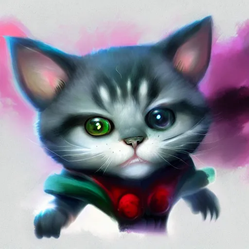 Prompt: close up of teemo from league of legends as a grey american shorthair cat, digital painting, particles floating background by marc simonetti, artwork by ross tran + ramond swanland + liam wong