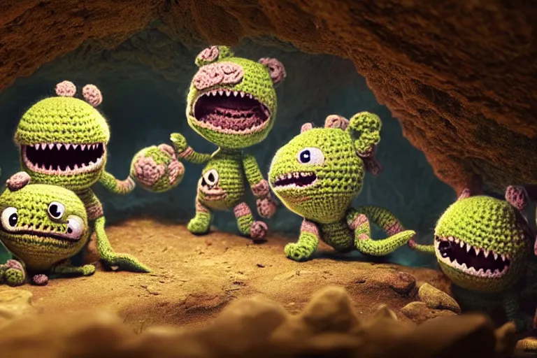 Image similar to an expedition of crochet cute monsters discovering a new cave underground. cute, illustration, digital art, inspired by little big planet, by greg rutkowski, detailed, sharp, masterpiece, highly detailed, photorealistic, octane render, 8 k, unreal engine 5, trending on artstation, vivid colors