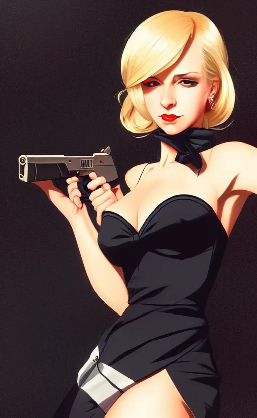 Prompt: an attractive blonde femme fatale woman, wearing a cocktail dress, pointing a pistol at us, anime. realistic shaded lighting by ilya kuvshinov giuseppe dangelico pino and michael garmash and rob rey, 8 k