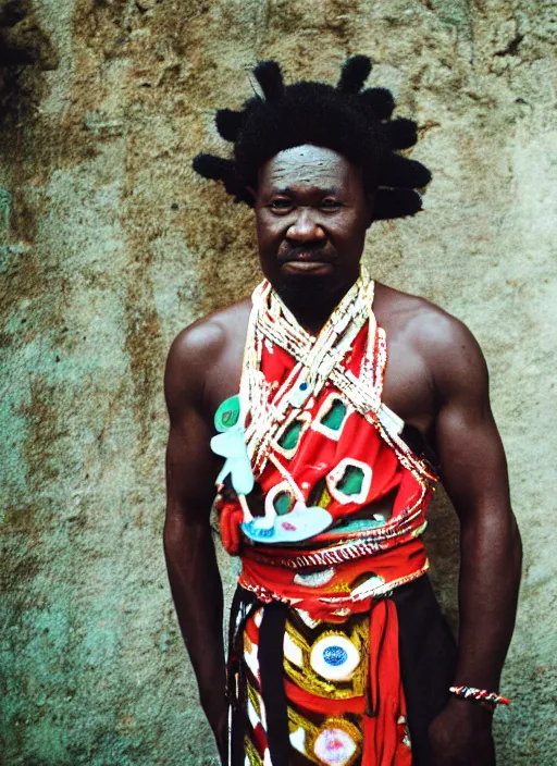 Prompt: analogue photo of an Igbo tribal chief wearing Japanese Haori & Hakama, 35mm, f/1.4,photo shot my Martha Cooper,