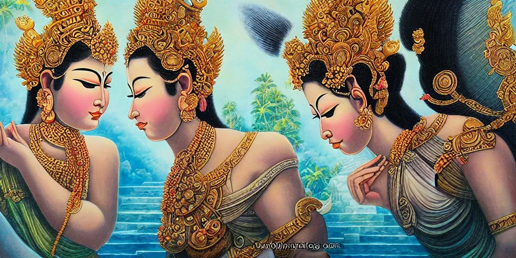 Prompt: twin balinese goddesses, crystal clear lemuria sunken architectural marvels, crisp realistic fantasy art painting