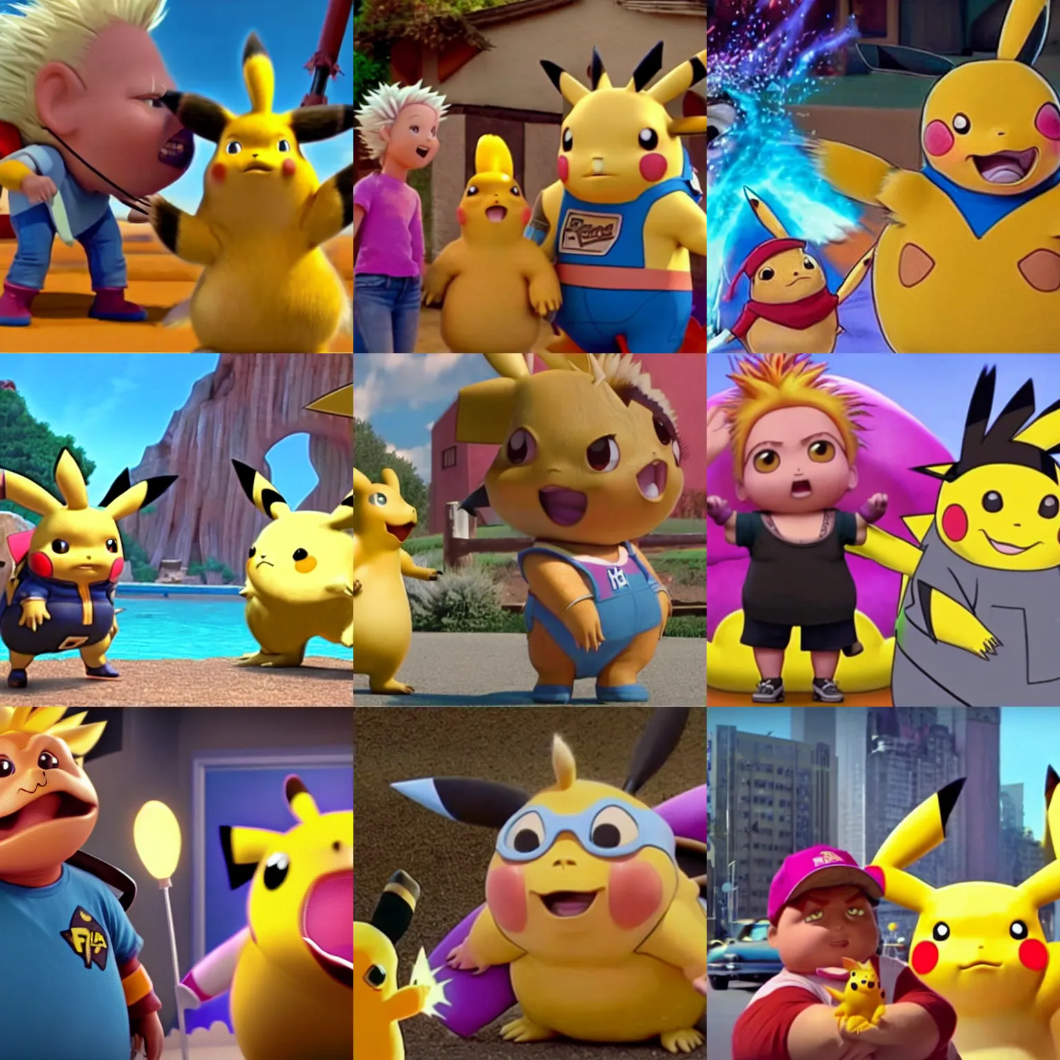 Prompt: a still from the movie with Guy Fieri and Dora the Explorer fighting a rogue Pikachu, Pixar, 3D, horror