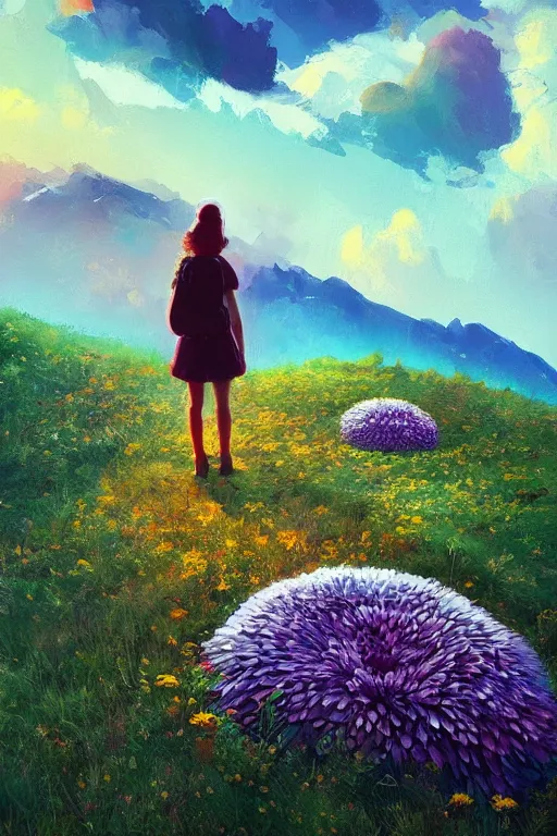 Image similar to giant daisy flower head, girl hiking in the mountains, surreal photography, sunrise, dramatic light, impressionist painting, colorful clouds, digital painting, artstation, simon stalenhag