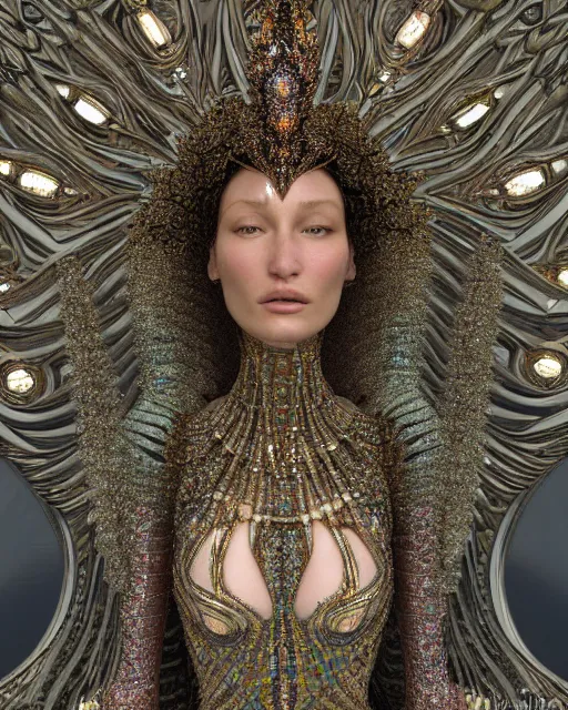 Image similar to a highly detailed metahuman 4 k close up render of an alien goddess bella hadid as goddess in iris van herpen dress schiaparelli in diamonds crystals swarovski and jewelry iridescent in style of alphonse mucha gustav klimt trending on artstation made in unreal engine 4