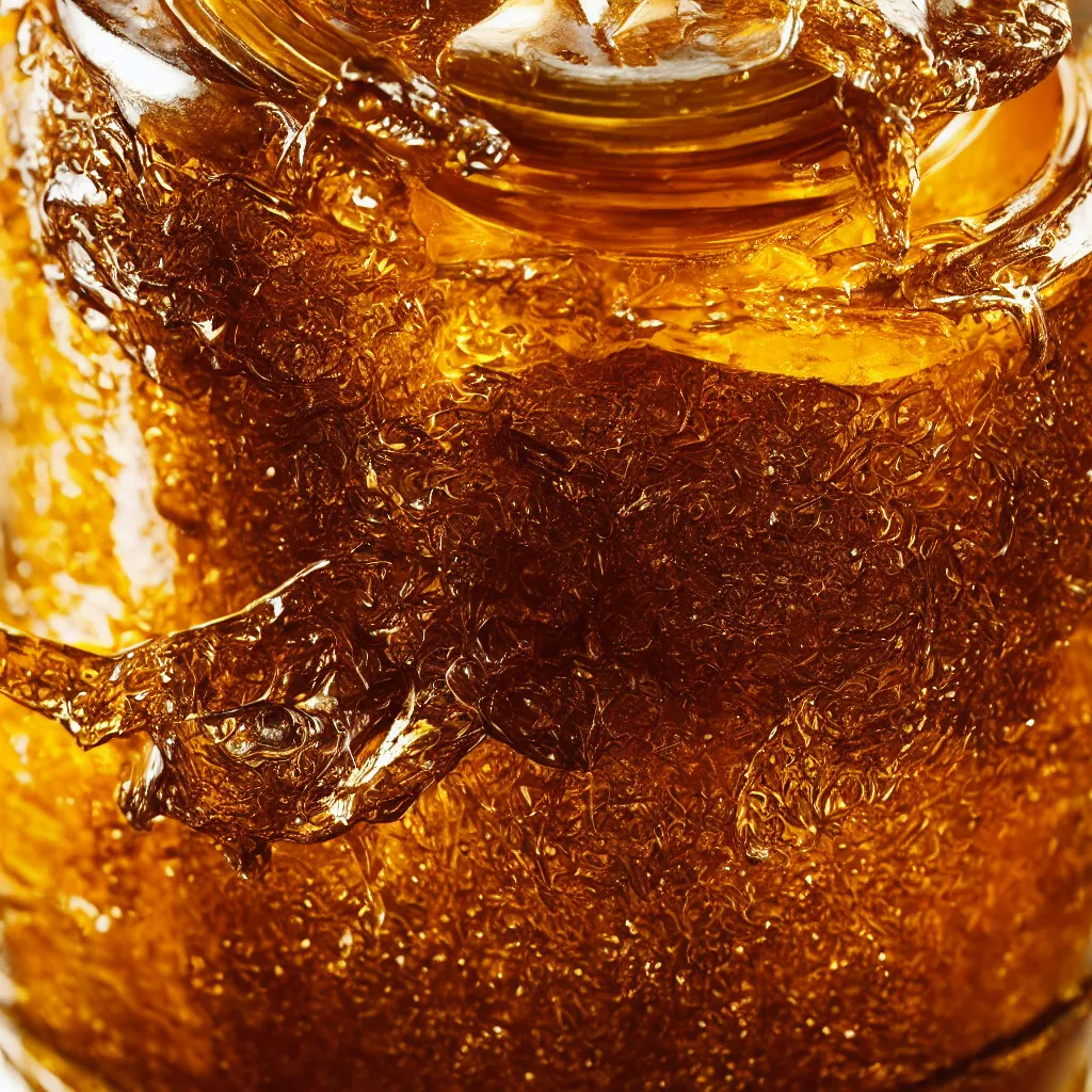 Image similar to honey jar stylized like a vicious grizzly bear, golden glistening, light bloom, octane render, product photography, studio photography, sharp high contrast