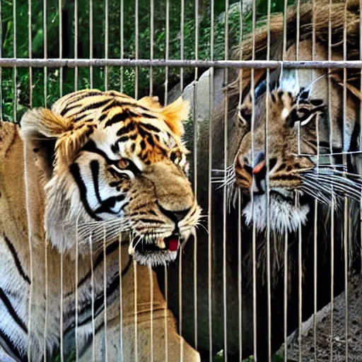 Image similar to lion and a tiger roaring in cage at the zoo