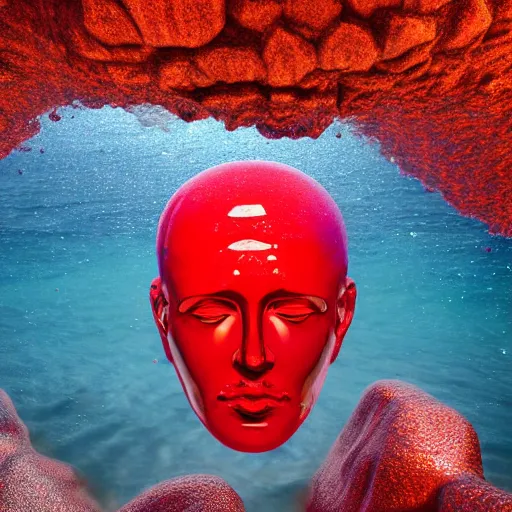 Prompt: a giant human head sculpture in the sea made out of juicy and transparent red jelly, in the style of chad knight, long shot, hyper detailed, hyper realistic, ray tracing, 8 k resolution, sharp focus, realistic water, award winning