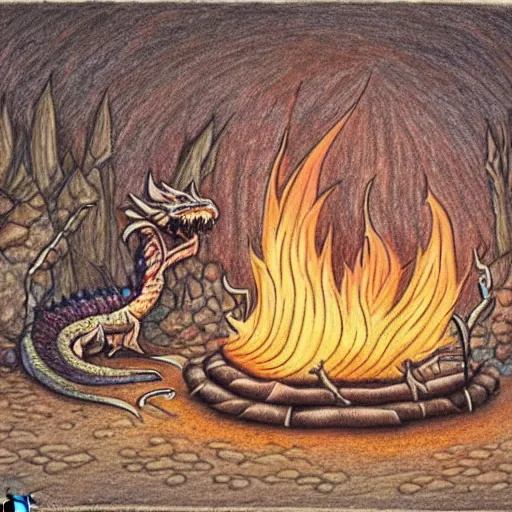 Image similar to a dragon native living in a small clay hut near a campfire, extremely stunning and detailed colored pencil drawing