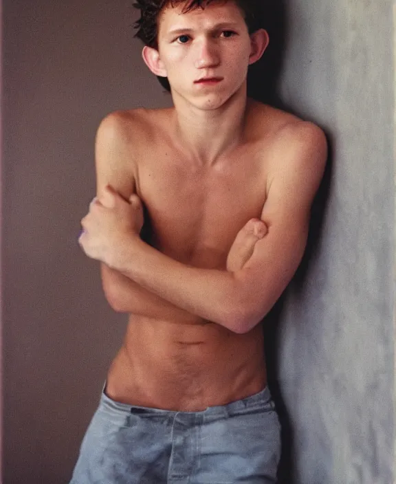 Prompt: portrait of tom holland photographed by nan goldin