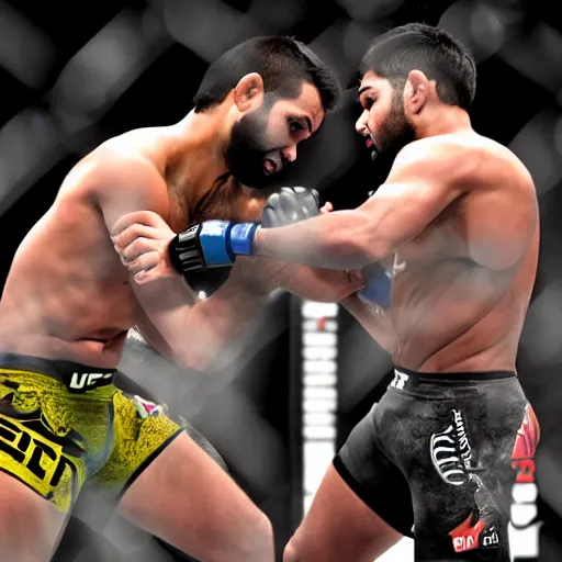 Image similar to ufc fight between rohit sharma & virat hohli in octagon, ultra realistic, highly detailed, canon 3 5 mm photography