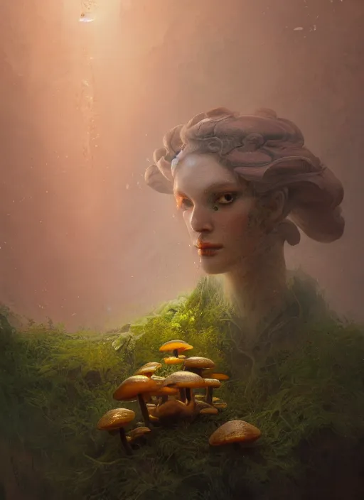 Image similar to Head of a forgotten Deity, translucent mushrooms, moss, extremly detailed digital painting, in the style of Fenghua Zhong and Ruan Jia and jeremy lipking and Peter Mohrbacher, mystical colors, rim light, beautiful lighting, 8k, stunning scene, raytracing, octane, trending on artstation