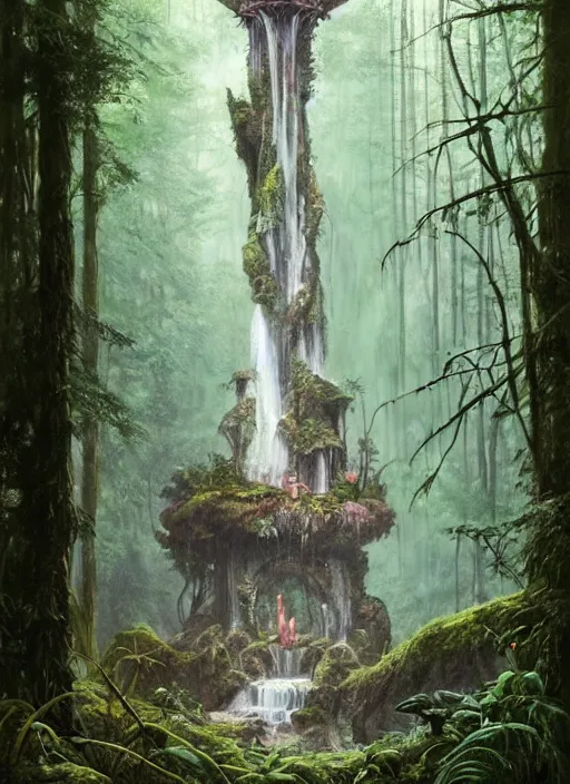 Image similar to a hyper realistic architectural witch shrine under a waterfall in the woods, gorgeous lighting, lush forest foliage, painting by chiara bautista and tom bagshaw, muca beksinski and norman rockwell and greg rutkowski weta studio, and lucasfilm