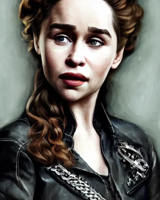 Image similar to beautiful oil on canvas portrait of beautiful Emilia Clarke with invitin expression in sons of anarchy tv show, wearing samcrow leather jacket, D&D style , highly detailed, digital art, trending on artstation, smooth, sharp focus, illustration, art by artgem and ROBERT HYNES