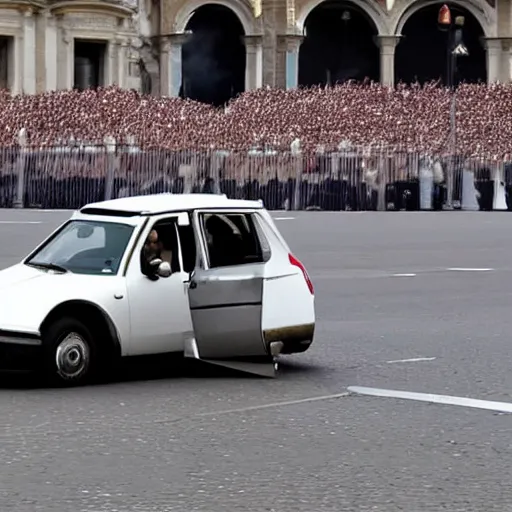 Image similar to a stunning award-winning photo of the Pope doing a sick drift in the pope mobile on St. Peter's square, dark tire marks, gray smoke coming out of the tires, very high quality, extremely detailed