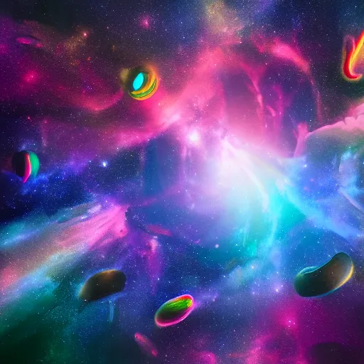 Prompt: group of psychedelic porcelain elephants swimming through space, colorful, nebula, concept art, universe, cinematic, 8 k